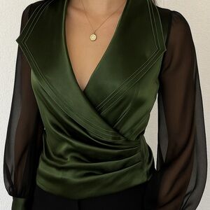 COLDWATER CREEK | Olive Satin Blouse with Sheer Sleeves
